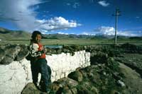 Un ragazzino di Tingri (sullo sfondo l'Everest ed il Cho Oyu tra le nubi)