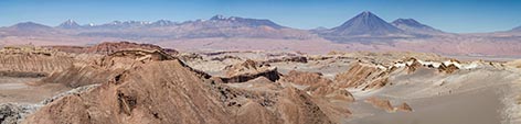 Panorama a 180° sulle Ande di confine dalla valle della Luna, sullo sfondo il vulcano Licancabur