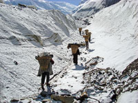 Portatori in marcia sul ghiacciaio
