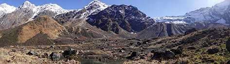 Il campo base del Buddha Himal, 3950 m, usato anche per superare il Rupina La (sullo sfondo in alto a destra)