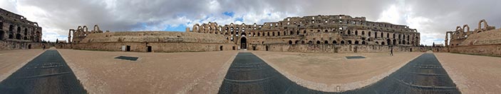 Panorama a 360° dal centro dell'arena dell'anfiteatro romano di El Jem