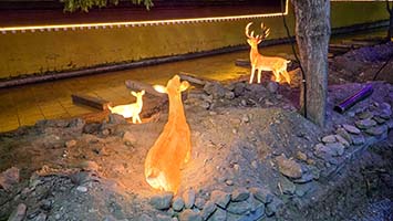 Cervi di plastica illuminati davanti al gompa al centro di Gyirong Town