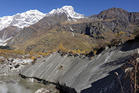 Laghetto glaciale con foresta sul ghiaccio che scende a est dall'Himal Chuli