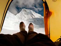 La mia tenda con il Quitaraju come sfondo dal c1 dell'Alpamayo