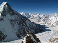 Dawn from c2:  Broad Peak's shadow on Godwin Austen